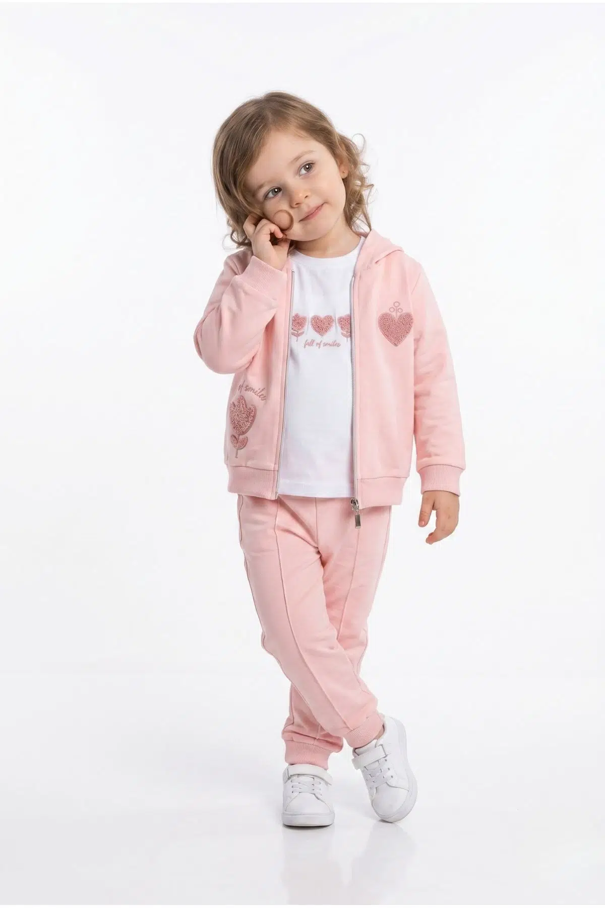 Toontoy Kız Çocuk 3'lü Eşofman Takımı Uzun Kollu Bisiklet Yaka Nakışlı T-shirt - Kapüşonlu Fermuarlı Hırka- Beli Paçası Lastikli Eşofman Altı 25041 - Pudra
