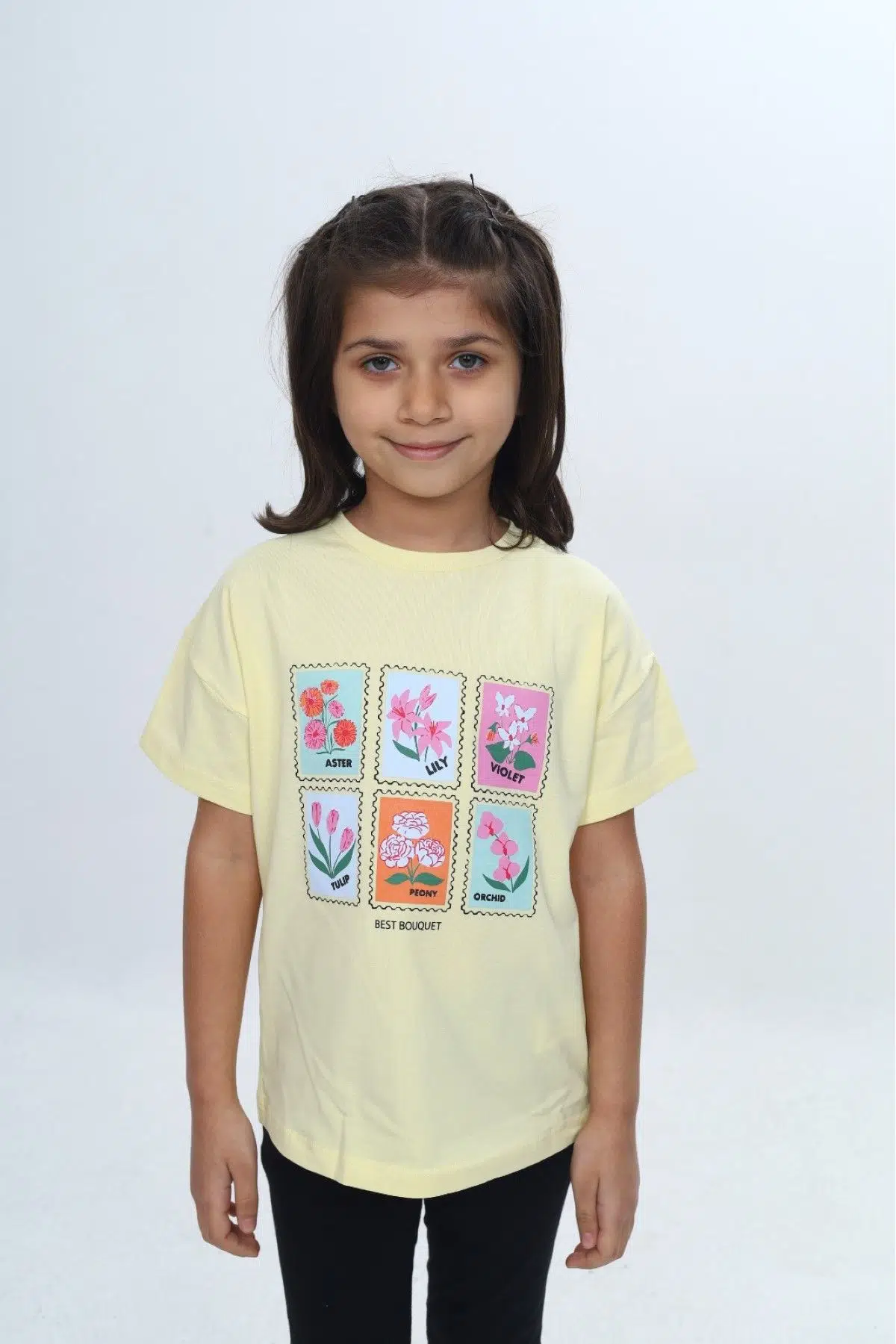 Toontoy Kız Çocuk Baskılı Bisiklet Yaka Düşük Omuz Kısa Kollu Tişört 24982 - Açık Sarı