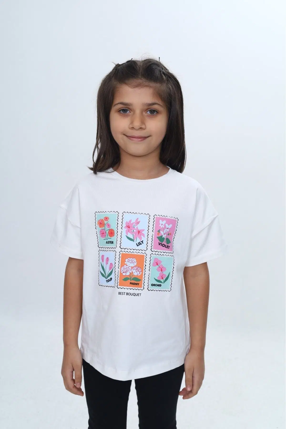 Toontoy Kız Çocuk Baskılı Bisiklet Yaka Düşük Omuz Kısa Kollu Tişört 24982 - Ekru