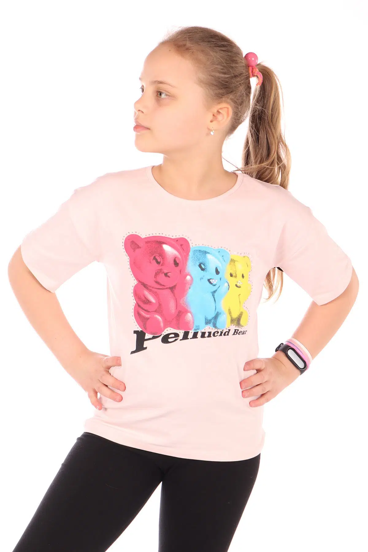 Toontoy Kız Çocuk Baskılı Bisiklet Yaka Kısa Kollu Tişört 22235 - Pudra