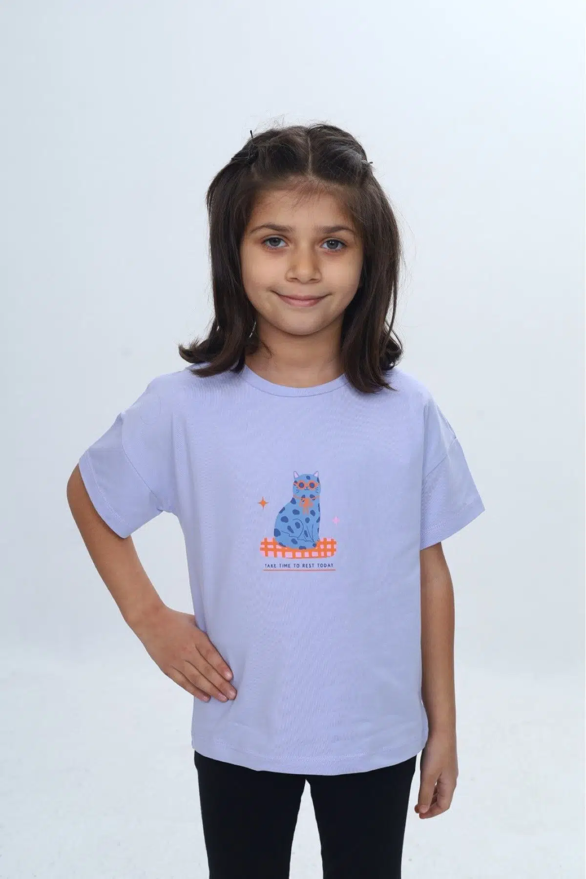 Toontoy Kız Çocuk Baskılı Bisiklet Yaka Kısa Kollu Tişört 24979 - Mavi