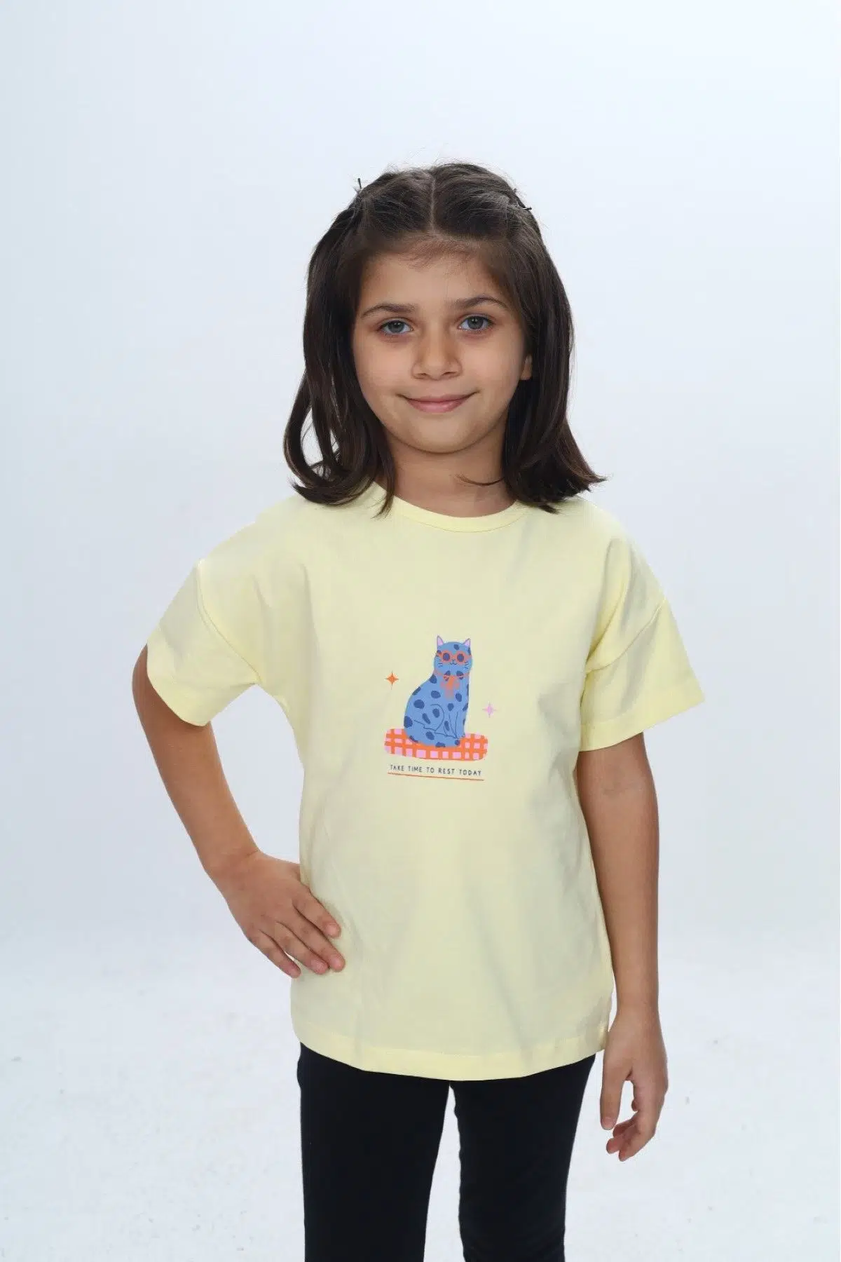 Toontoy Kız Çocuk Baskılı Bisiklet Yaka Kısa Kollu Tişört 24979 - Açık Sarı