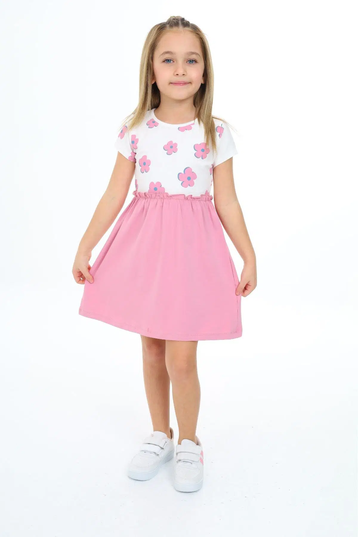 Toontoy Kız Çocuk Baskılı Regular Fit Bisiklet Yaka Kısa Kollu Elbise - Renk Bloklu - Gül Kurusu