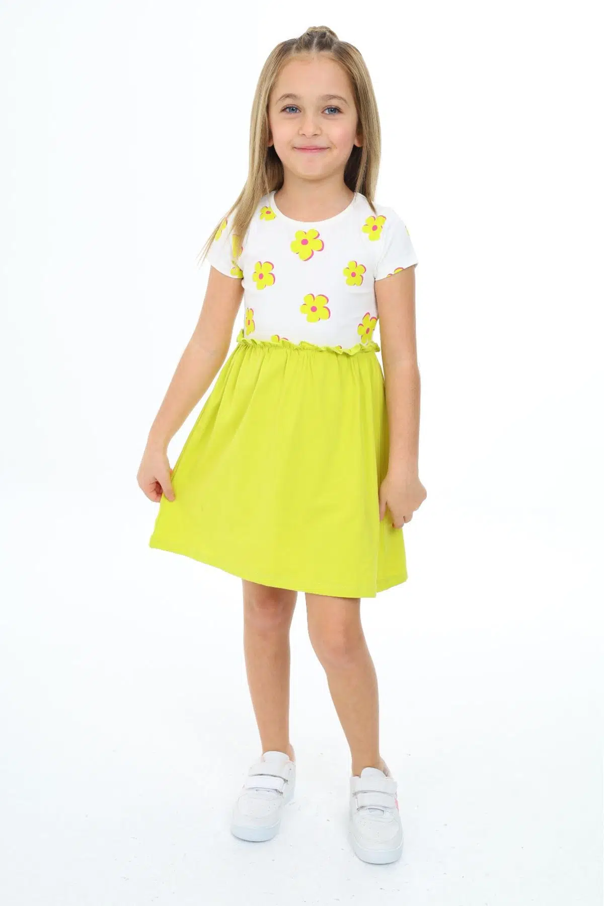 Toontoy Kız Çocuk Baskılı Regular Fit Bisiklet Yaka Kısa Kollu Elbise - Renk Bloklu - Yeşil