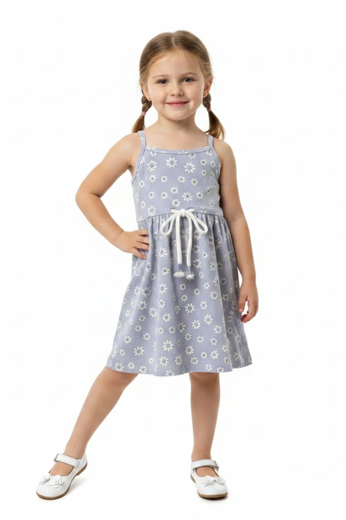 Toontoy Kız Çocuk Baskılı Regular Fit Kare Yaka Kolsuz Askılı Elbise - 22454 - Mavi