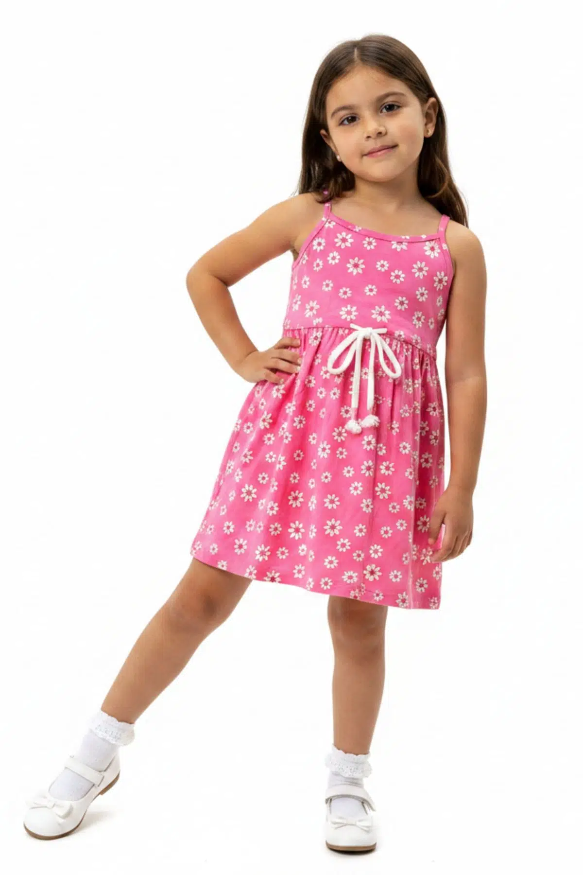 Toontoy Kız Çocuk Baskılı Regular Fit Kare Yaka Kolsuz Askılı Elbise - 22454 - Fuşya