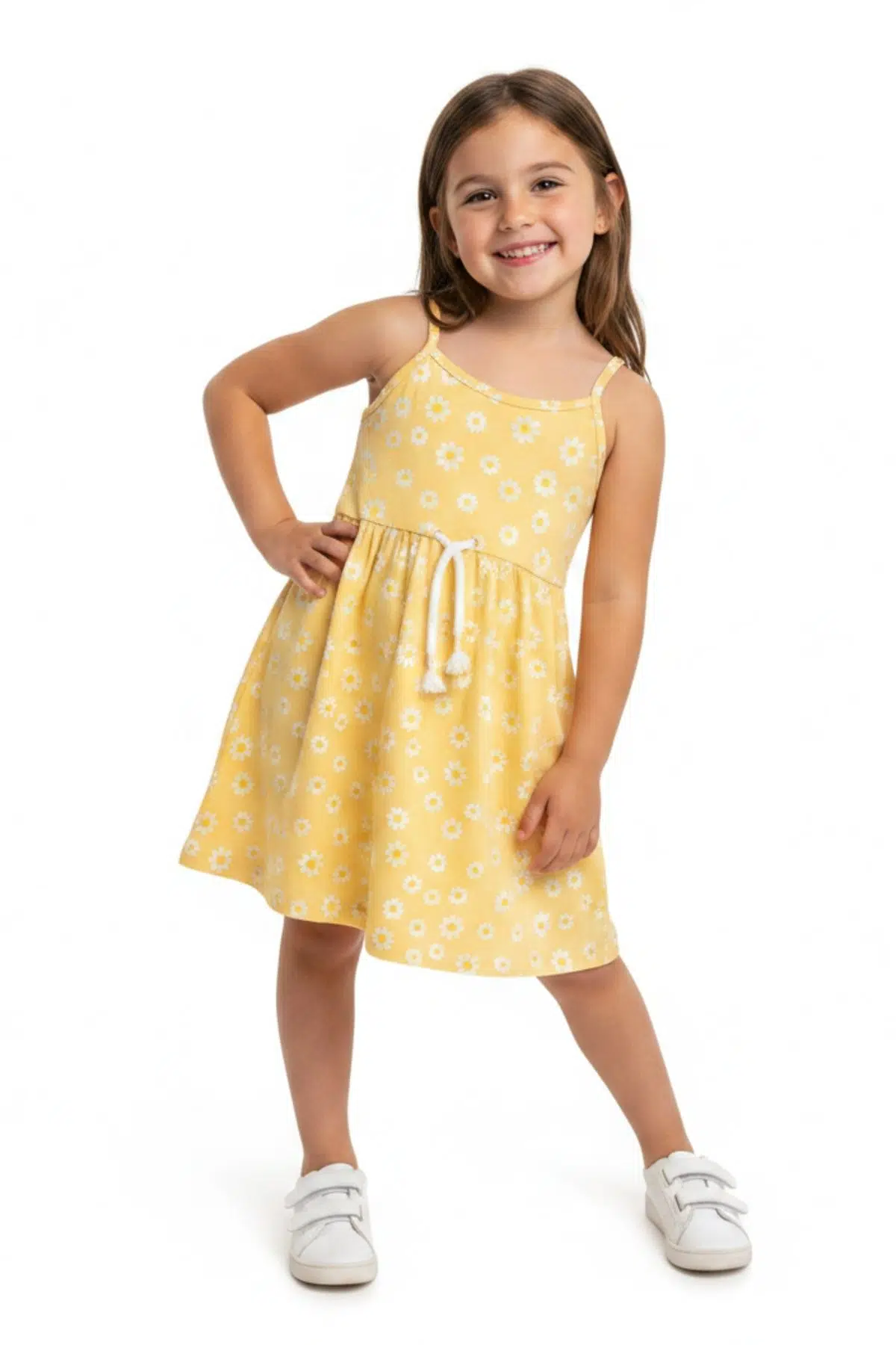 Toontoy Kız Çocuk Baskılı Regular Fit Kare Yaka Kolsuz Askılı Elbise - 22454 - Sarı