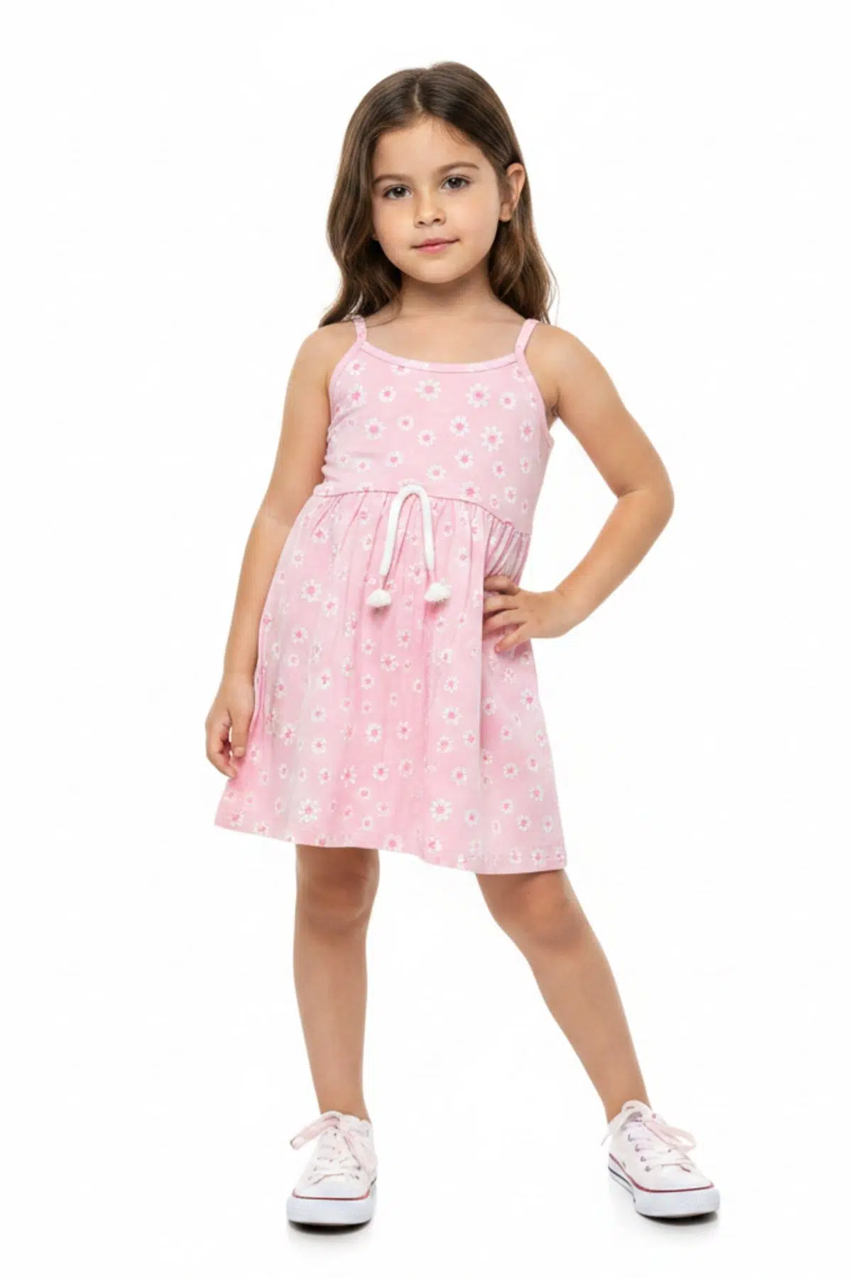 Toontoy Kız Çocuk Baskılı Regular Fit Kare Yaka Kolsuz Askılı Elbise - 22454 - Pembe