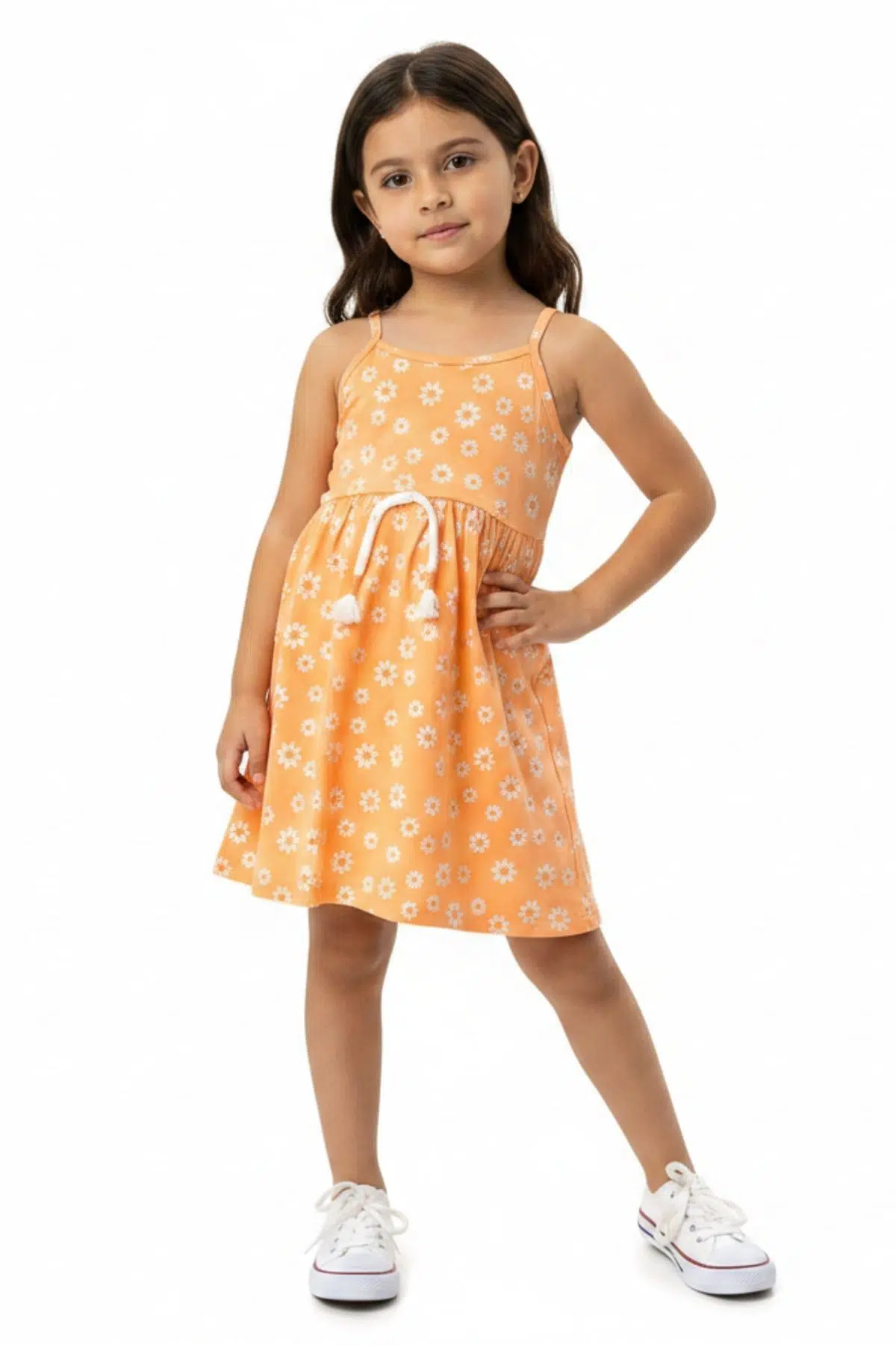 Toontoy Kız Çocuk Baskılı Regular Fit Kare Yaka Kolsuz Askılı Elbise - 22454 - Oranj