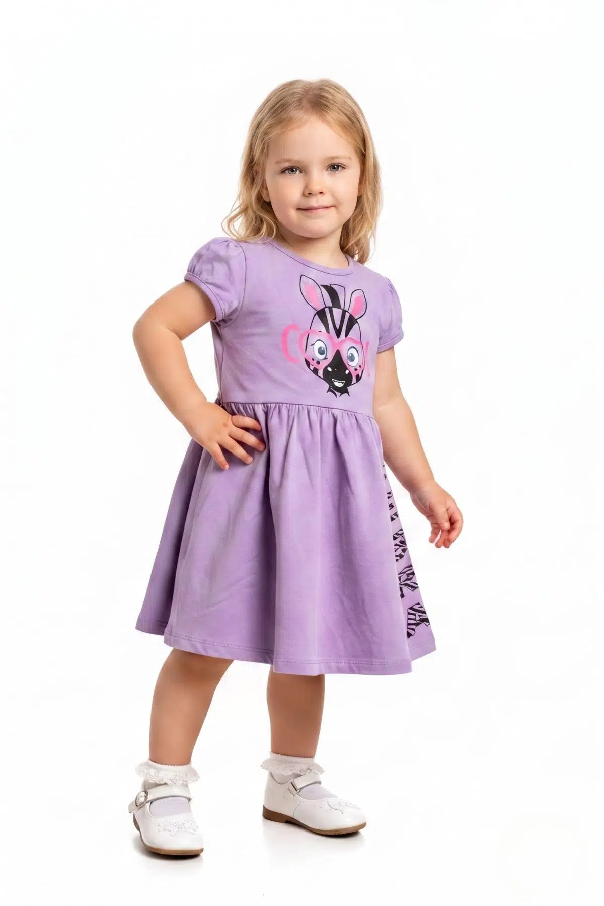 Toontoy Kız Çocuk Baskılı Relax Fit Bisiklet Yaka Kısa Kollu Elbise - 22363 - Lila