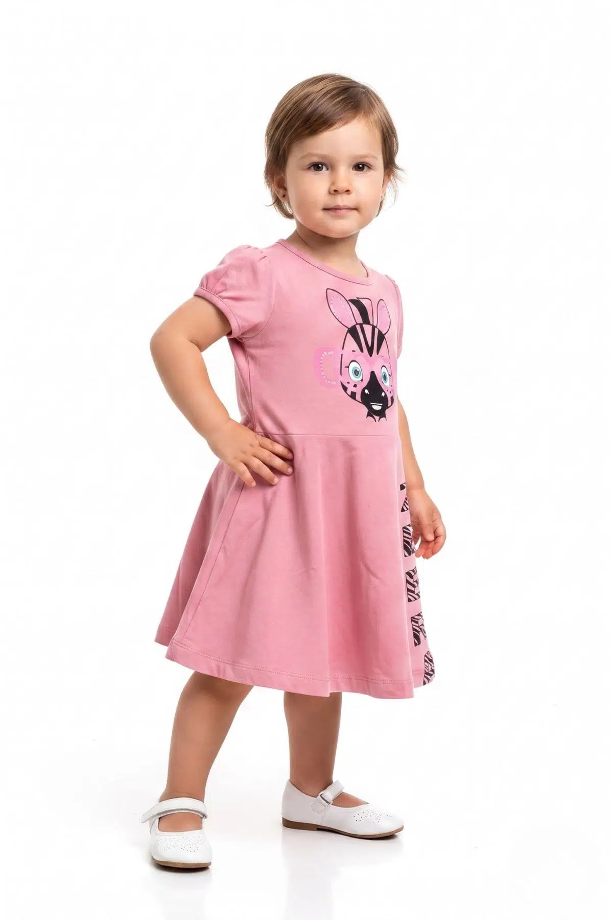 Toontoy Kız Çocuk Baskılı Relax Fit Bisiklet Yaka Kısa Kollu Elbise - 22363 - Gül Kurusu