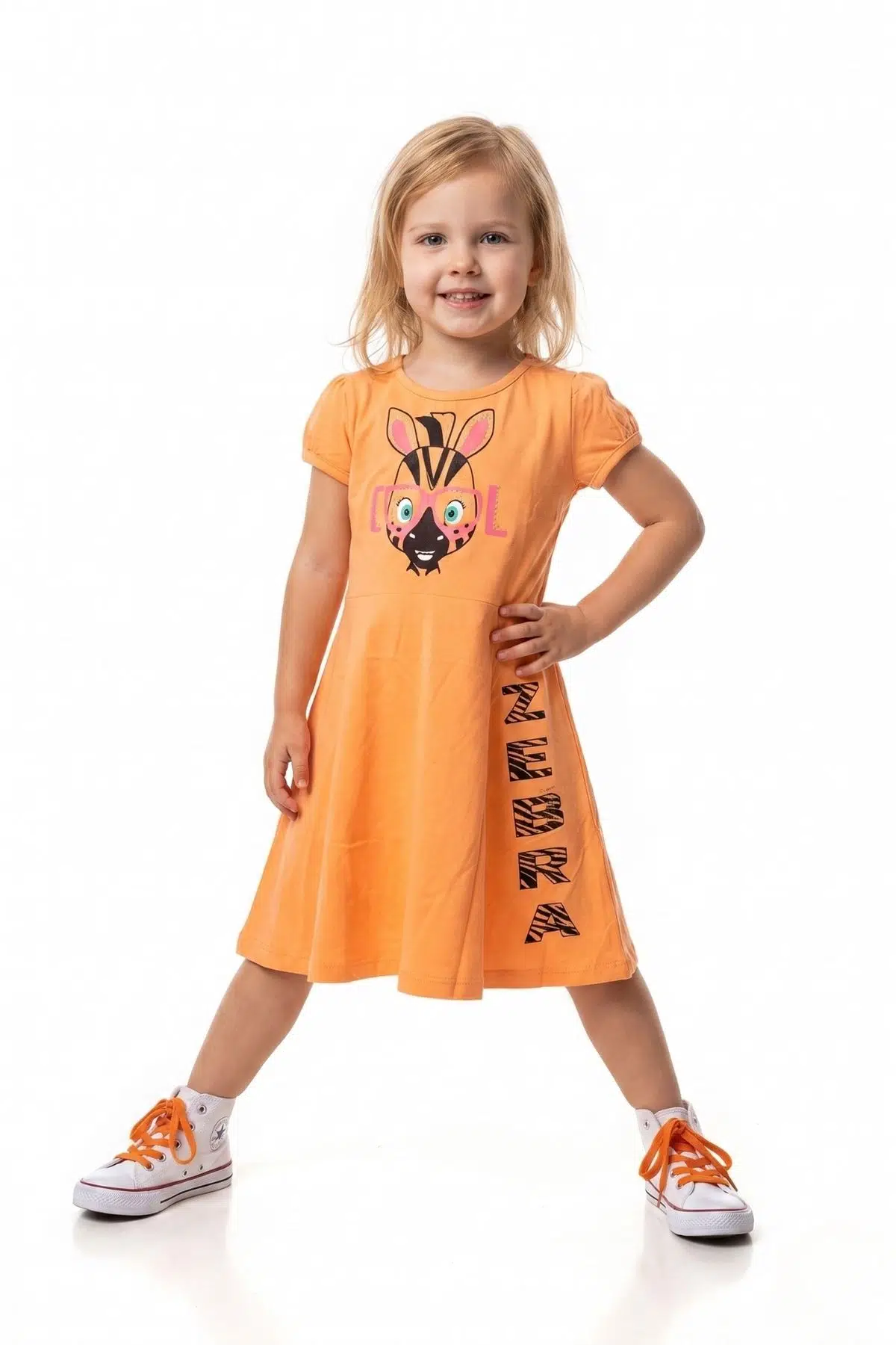 Toontoy Kız Çocuk Baskılı Relax Fit Bisiklet Yaka Kısa Kollu Elbise - 22363 - Oranj