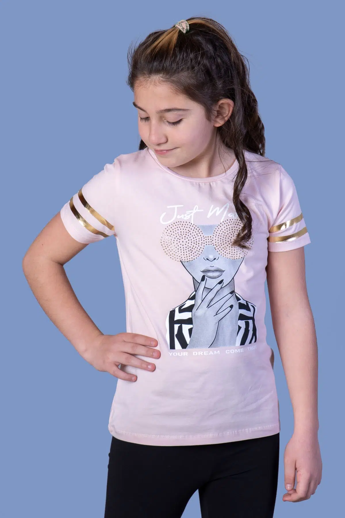 Toontoy Kız Çocuk Baskılı Taş İşlemeli Arkası Tül Detaylı Tişört - Pudra