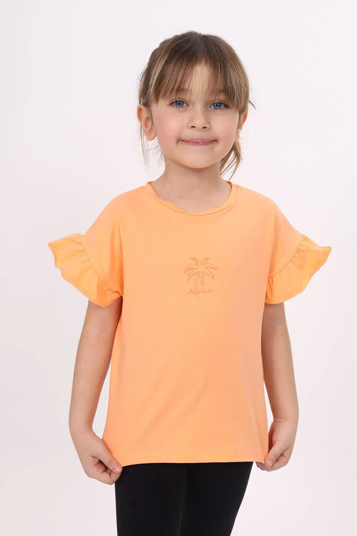 Toontoy Kız Çocuk Baskılı Bisiklet Yaka Kolu Fırfırlı Tişört - Oranj