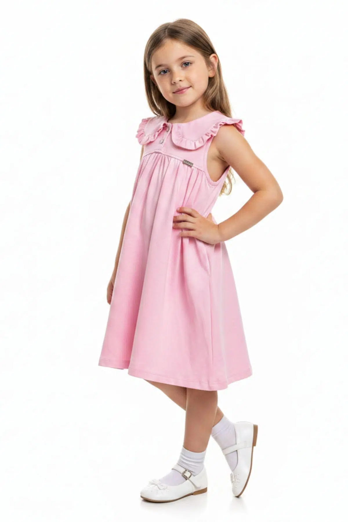 Toontoy Kız Çocuk Regular Fit Bebe Yaka Düğmeli Kısa Kollu Elbise 25049 - Pembe