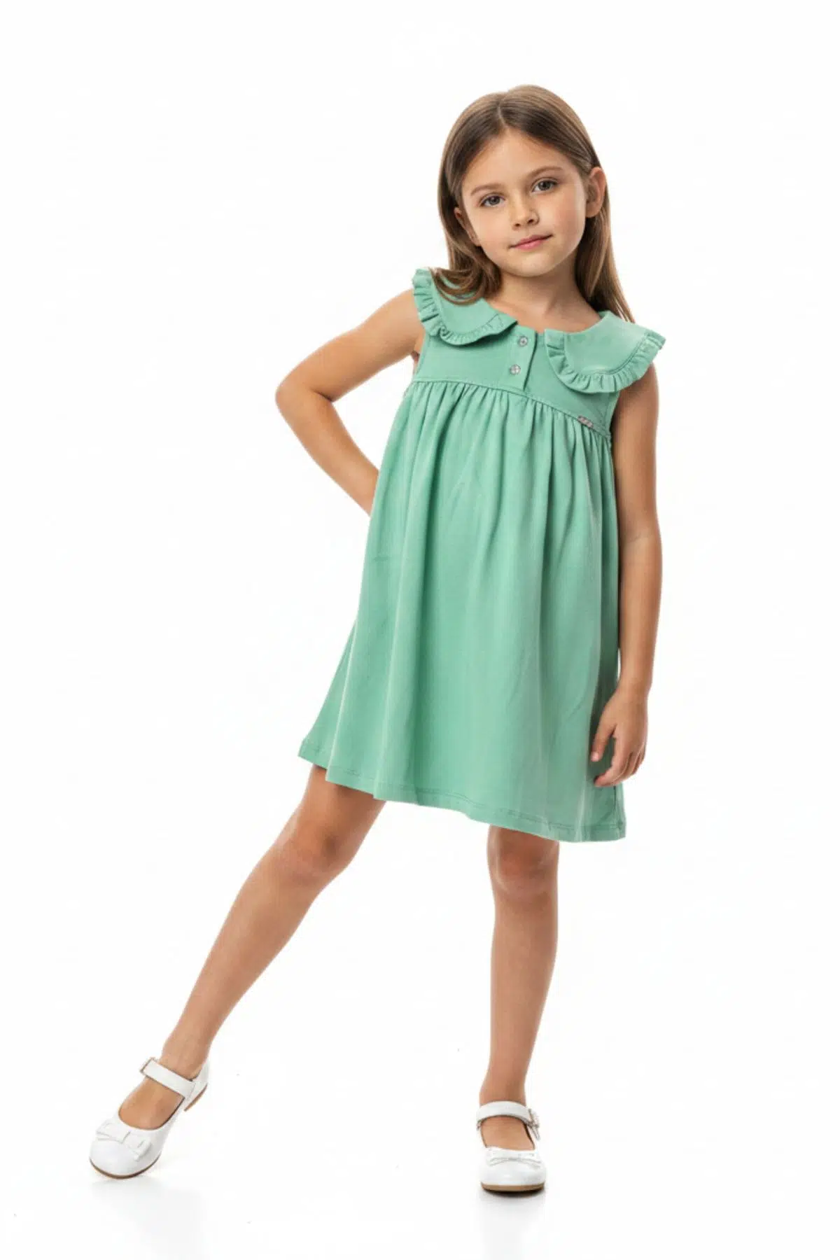 Toontoy Kız Çocuk Regular Fit Bebe Yaka Düğmeli Kısa Kollu Elbise 25049 - Yeşil