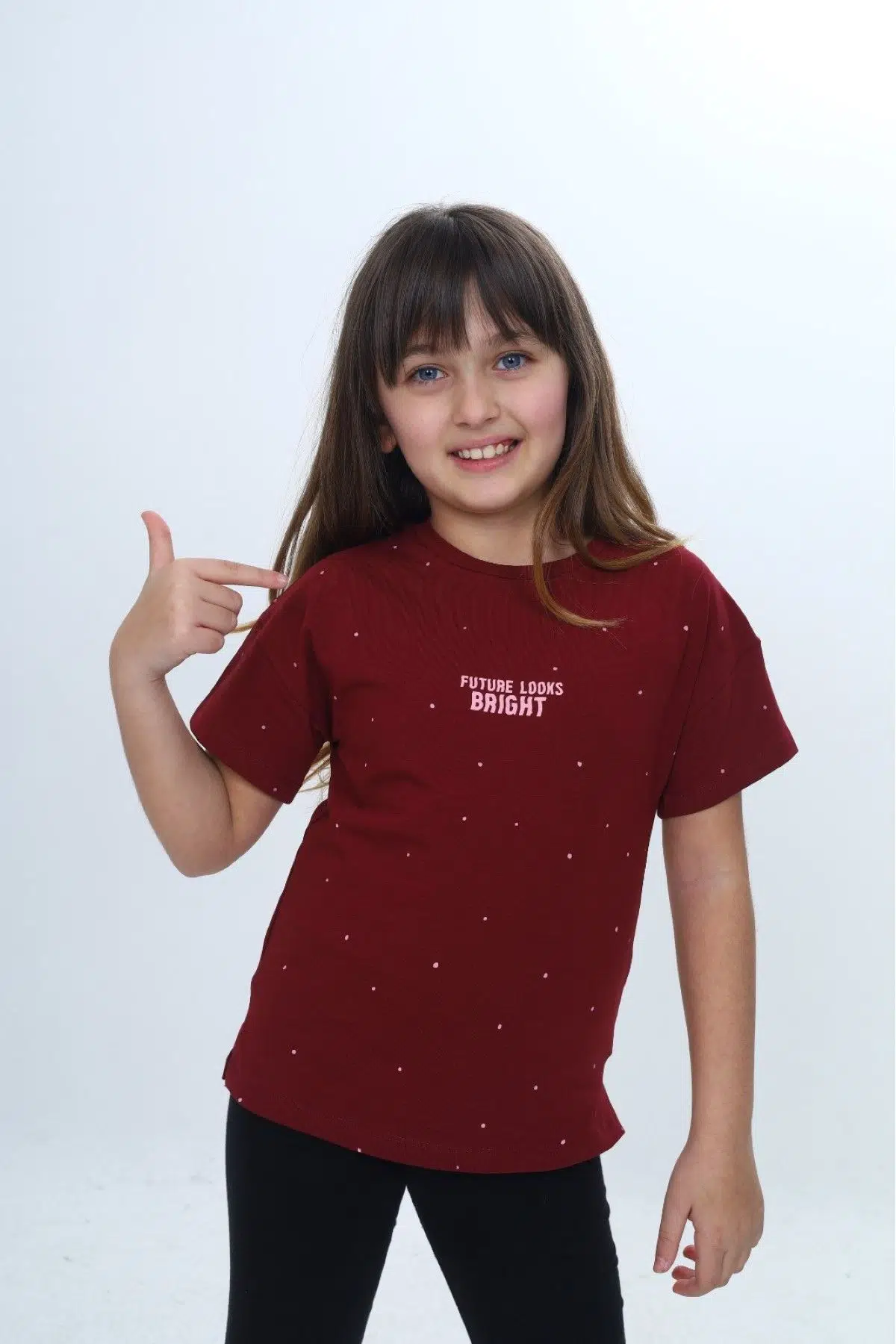 Toontoy Kız Çocuk Bisiklet Yaka Düşük Omuz Kısa Kollu Baskılı Tişört 24983 - Bordo