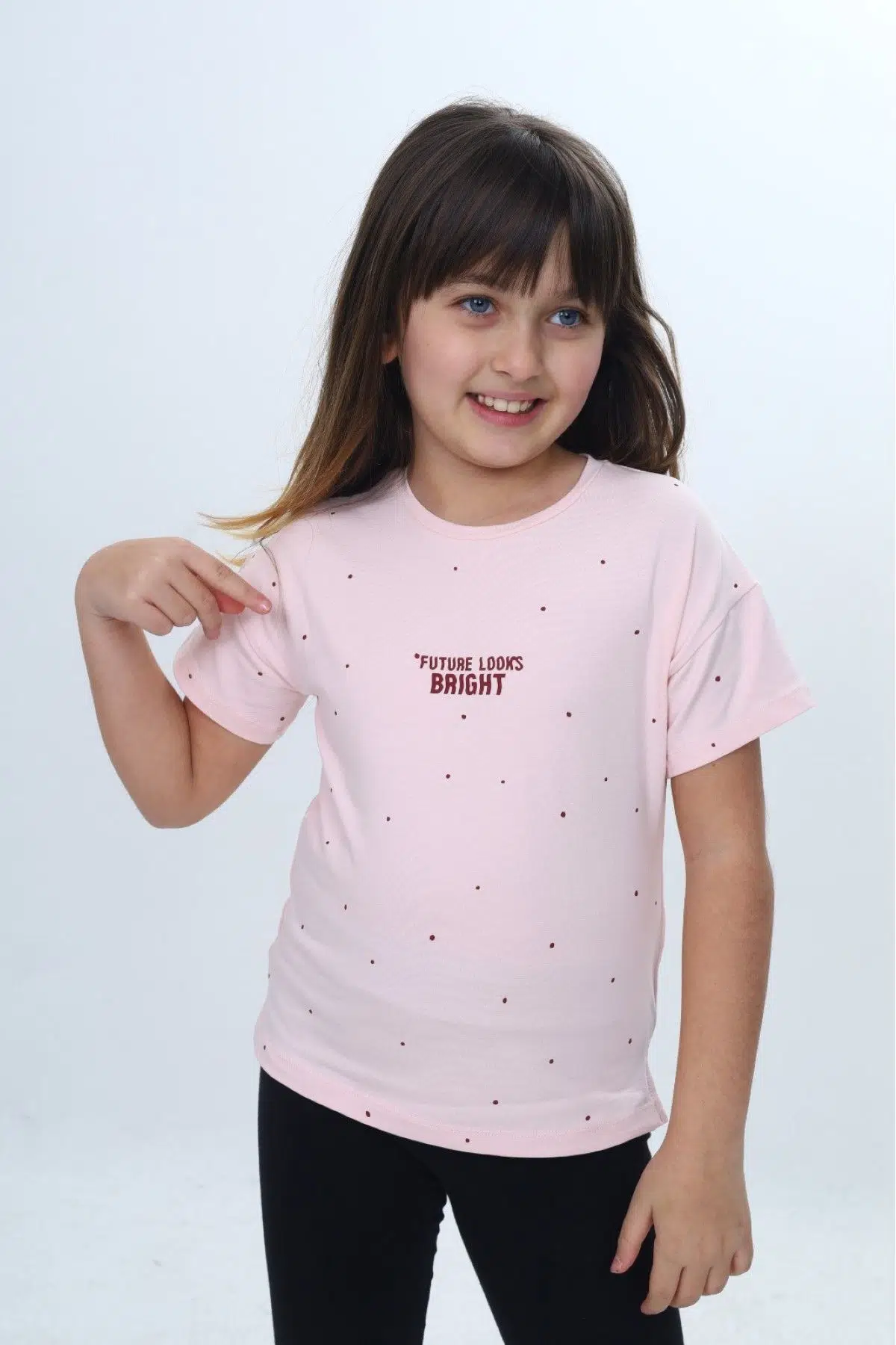 Toontoy Kız Çocuk Bisiklet Yaka Düşük Omuz Kısa Kollu Baskılı Tişört 24983 - Pudra