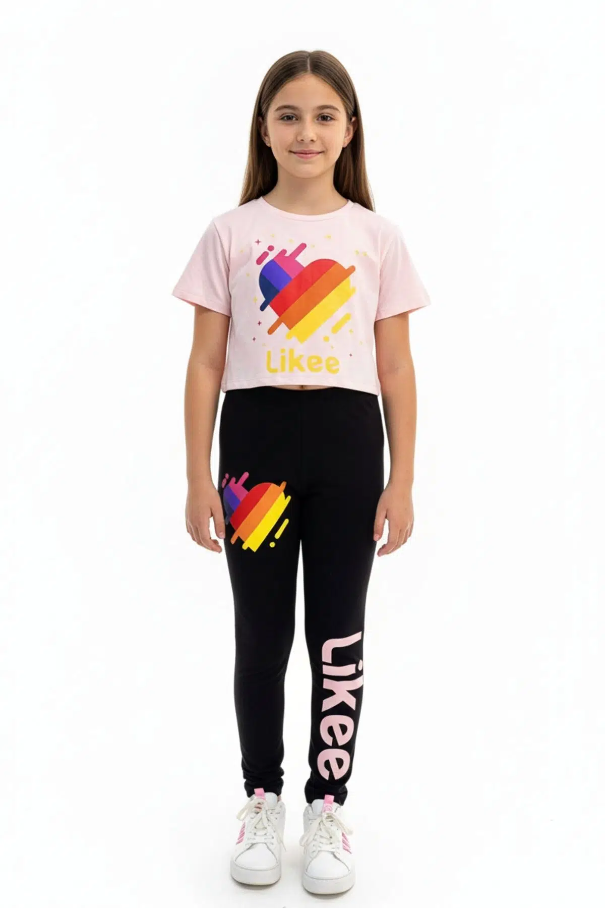 Toontoy Kız Çocuk Bisiklet Yaka Kısa Kollu Baskılı Crop Tişört - Beli Lastikli Basklı Tayt 11050 - Pudra