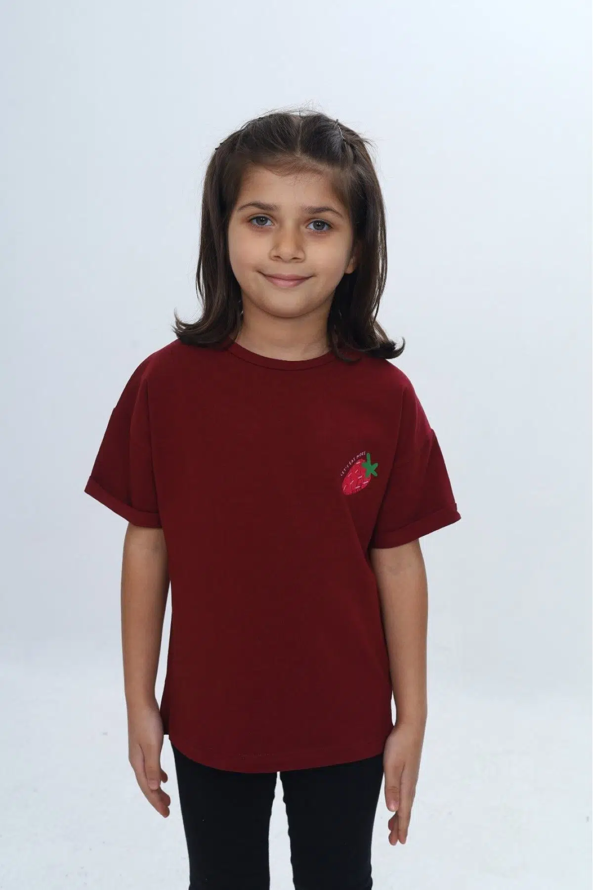 Toontoy Kız Çocuk Bisiklet Yaka Kısa Kollu Baskılı Tişört 24978 - Bordo