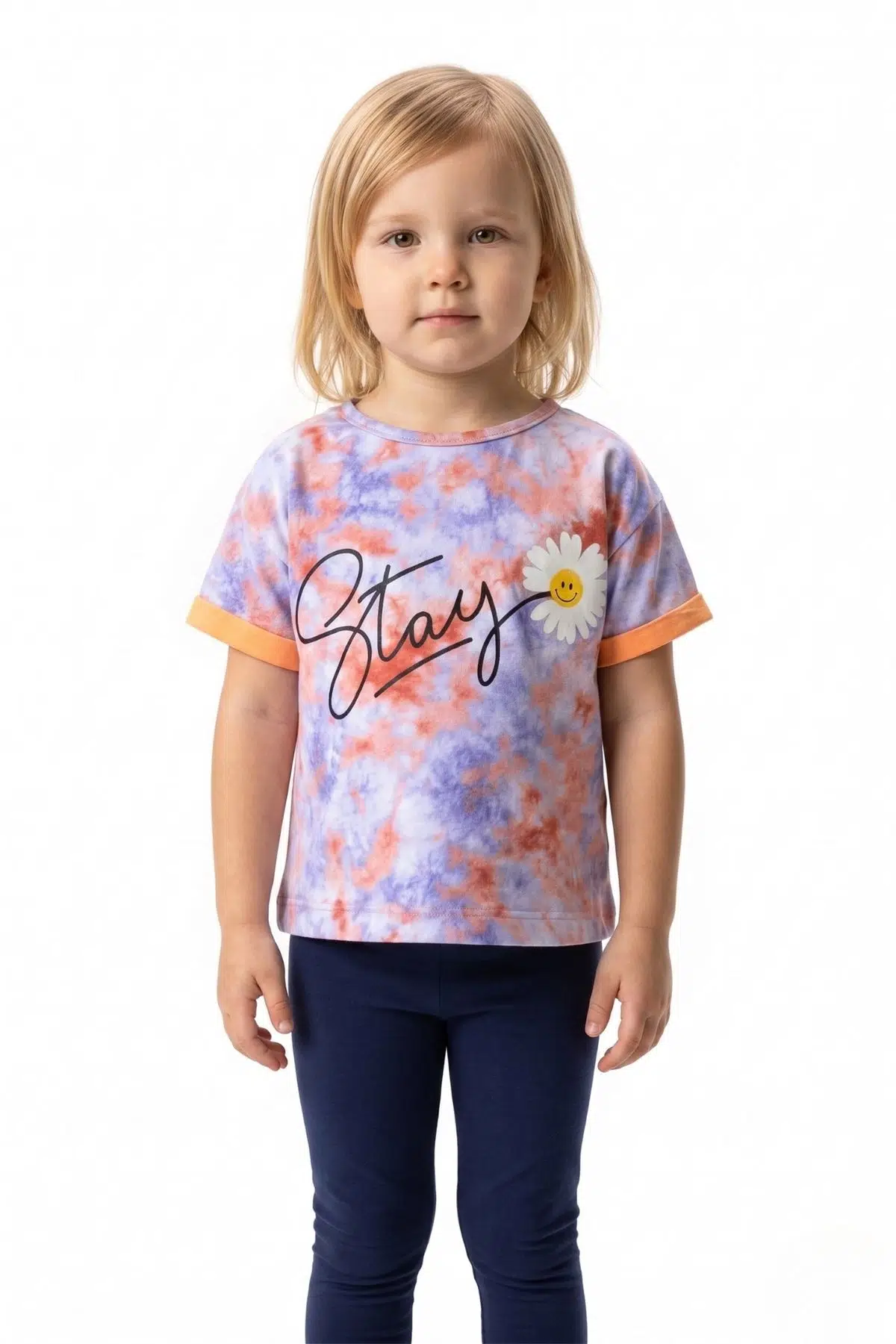 Toontoy Kız Çocuk Bisiklet Yaka Kol Ucu Katlamalı Kısa Kollu Batik Desenli Baskılı Tişört 11248 - Turuncu