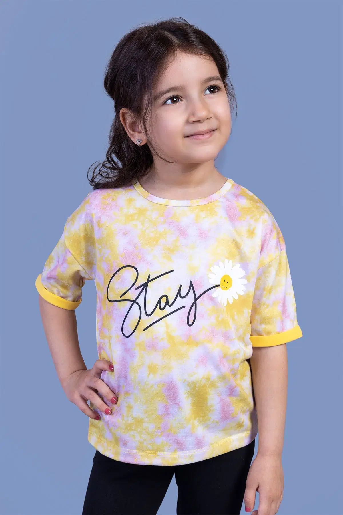 Toontoy Kız Çocuk Bisiklet Yaka Kol Ucu Katlamalı Kısa Kollu Batik Desenli Baskılı Tişört 11248 - Sarı