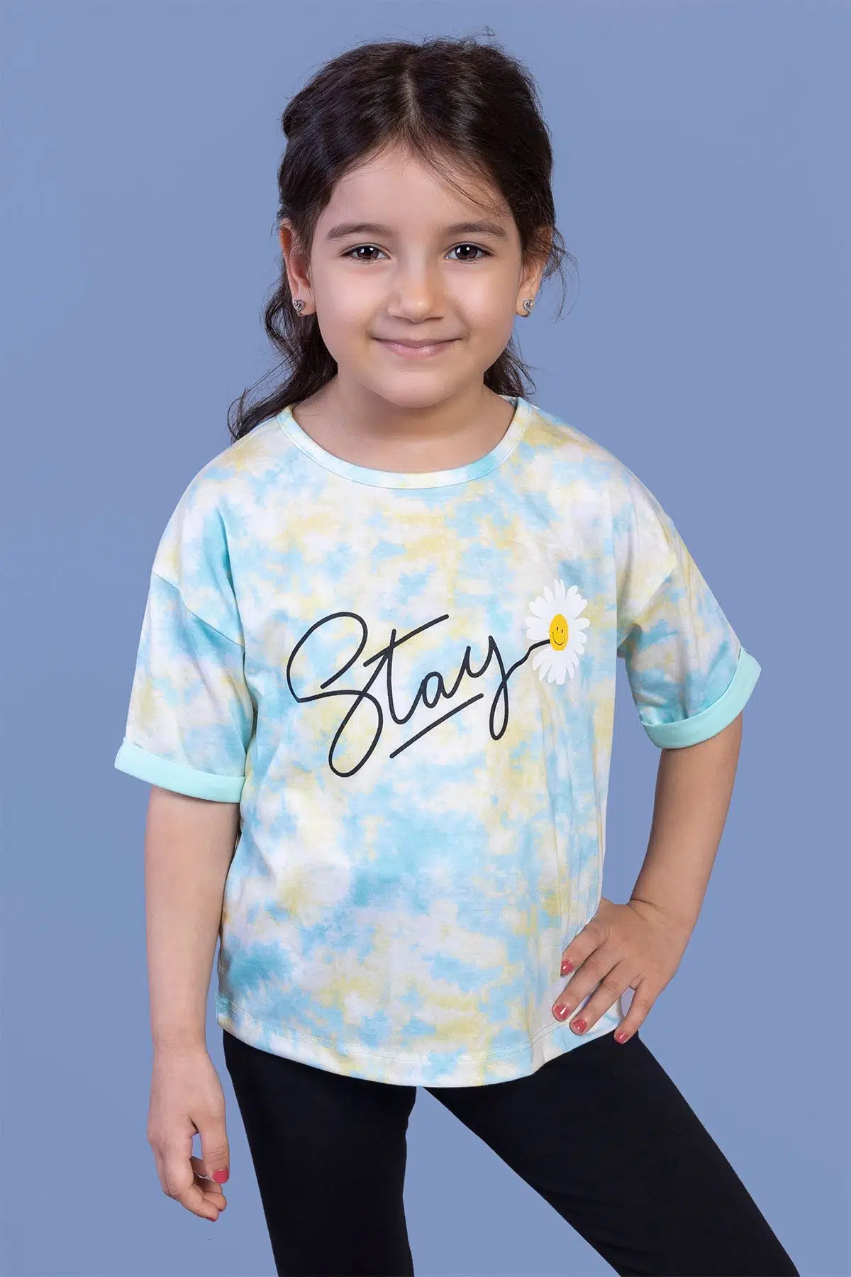 Toontoy Kız Çocuk Bisiklet Yaka Kol Ucu Katlamalı Kısa Kollu Batik Desenli Baskılı Tişört 11248 - Su Yeşili