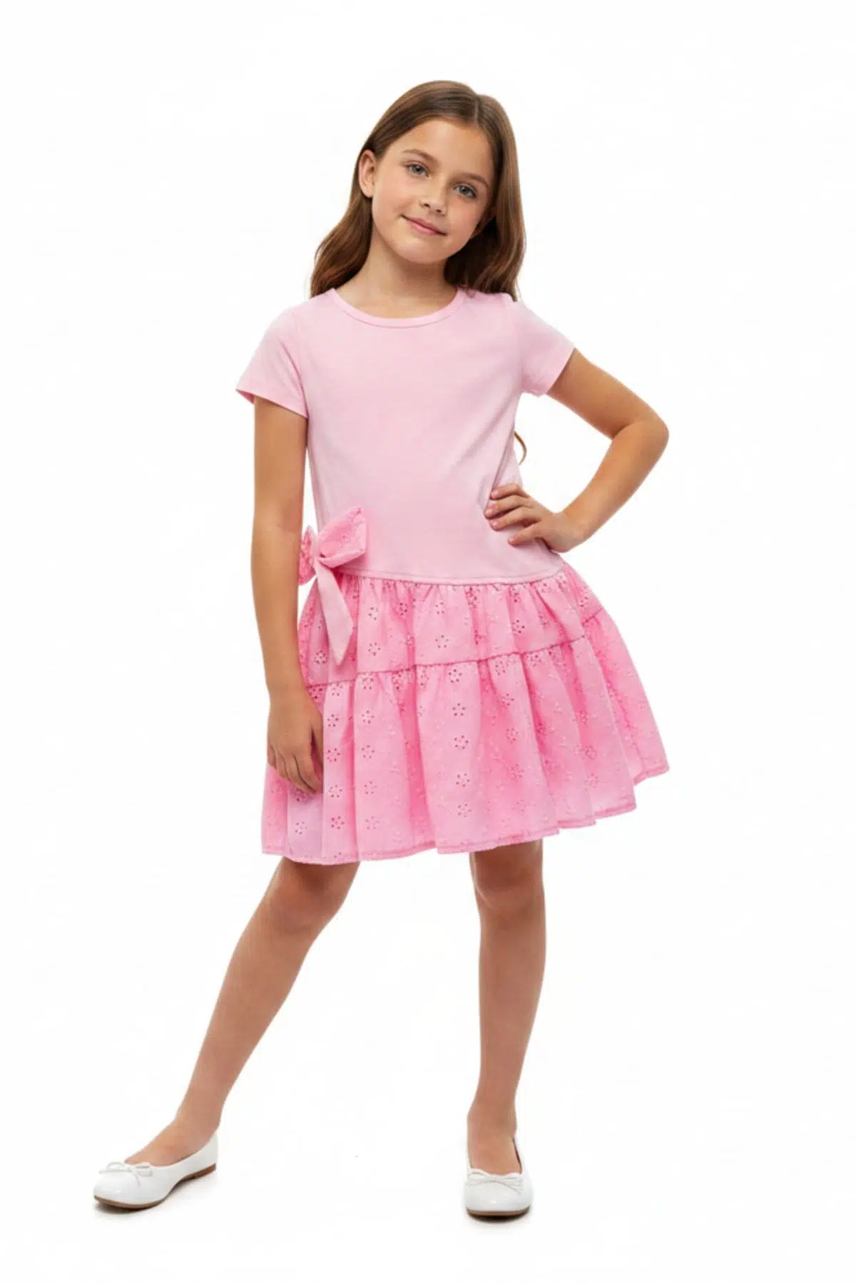 Toontoy Kız Çocuk Regular Fit Bisiklet Yaka Fiyonk Detaylı Brode Etekli Kısa Kollu Elbise 25050 - Pembe