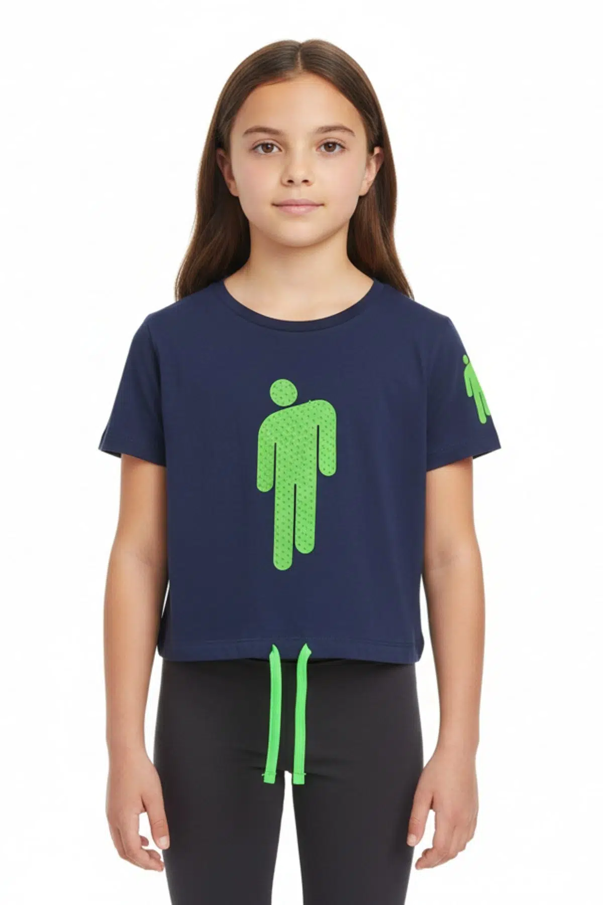 Toontoy Kız Çocuk Crop Model Baskılı Taş İşlemeli Tişört - Lacivert