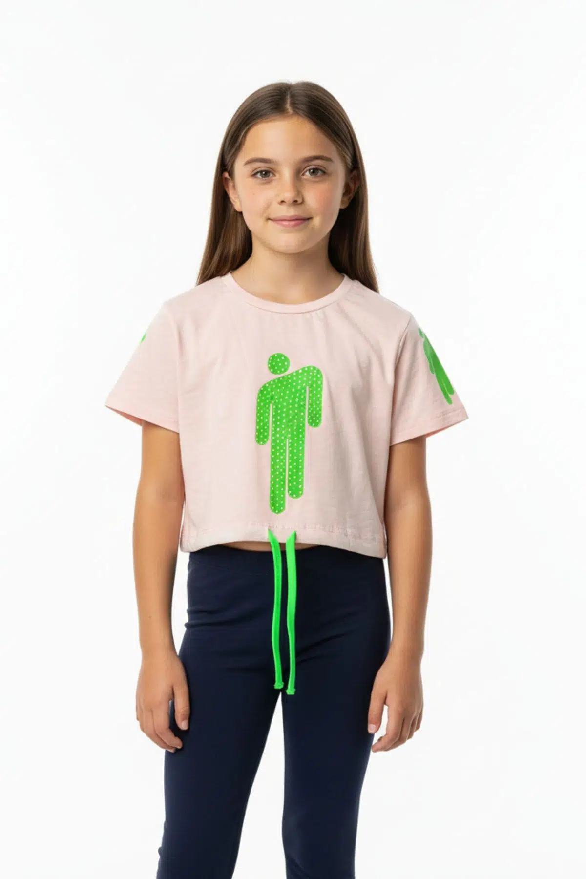 Toontoy Kız Çocuk Crop Model Baskılı Taş İşlemeli Tişört - Pudra