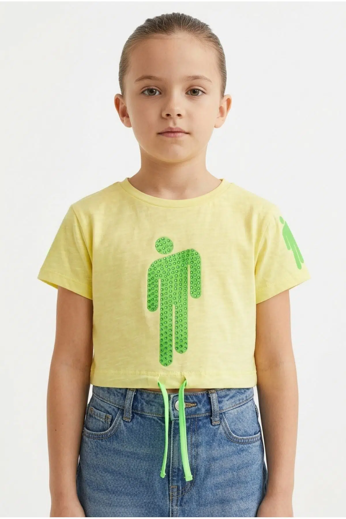 Toontoy Kız Çocuk Crop Model Baskılı Taş İşlemeli Tişört - Sarı