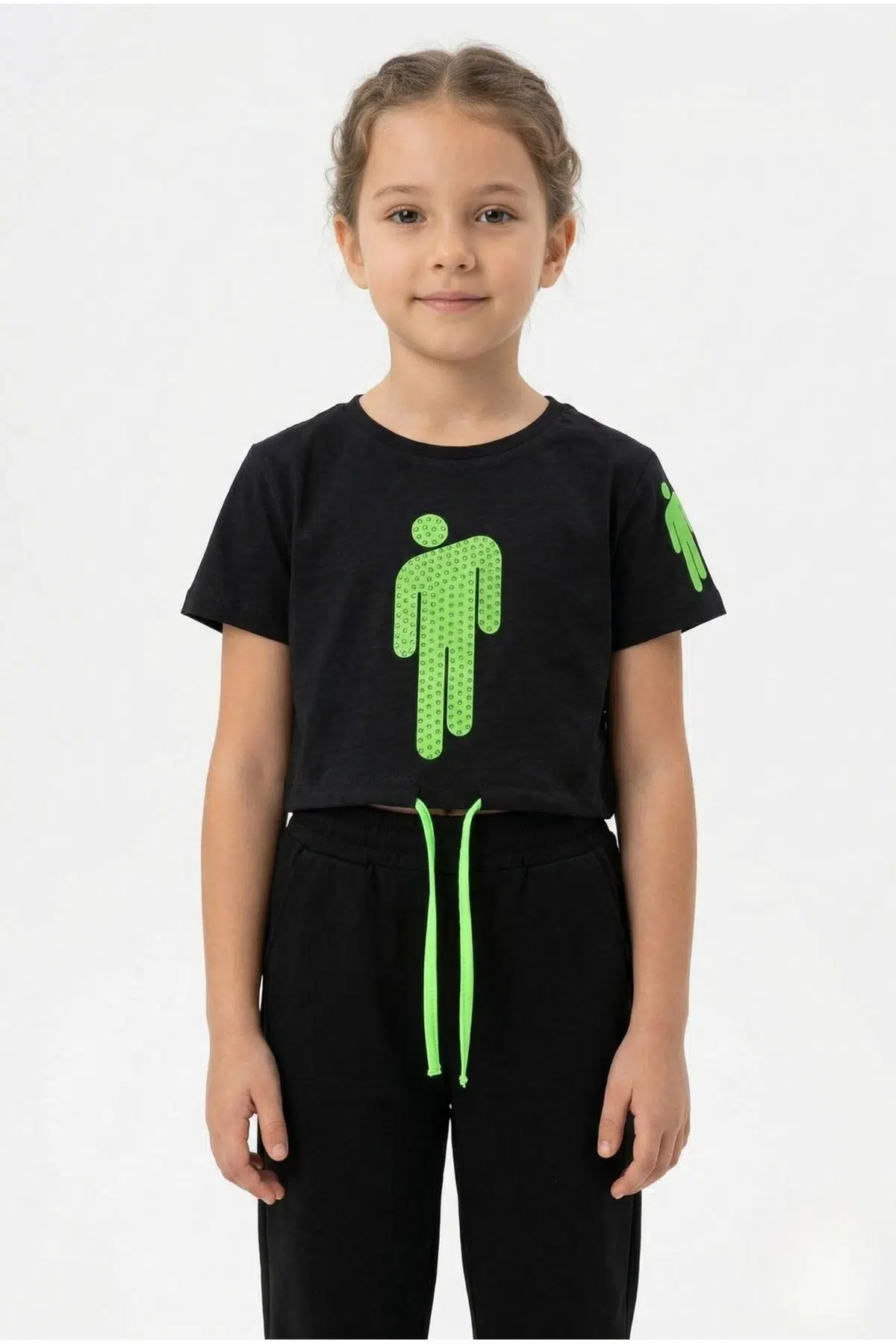 Toontoy Kız Çocuk Crop Model Baskılı Taş İşlemeli Tişört - Siyah