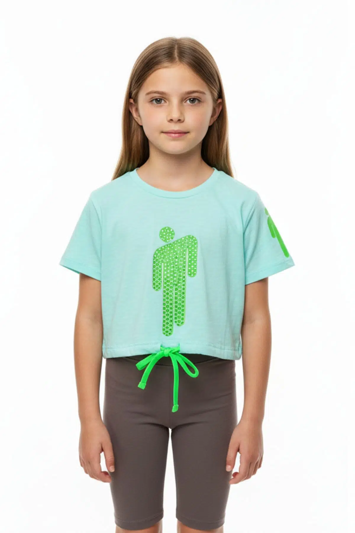 Toontoy Kız Çocuk Crop Model Baskılı Taş İşlemeli Tişört - Su Yeşili
