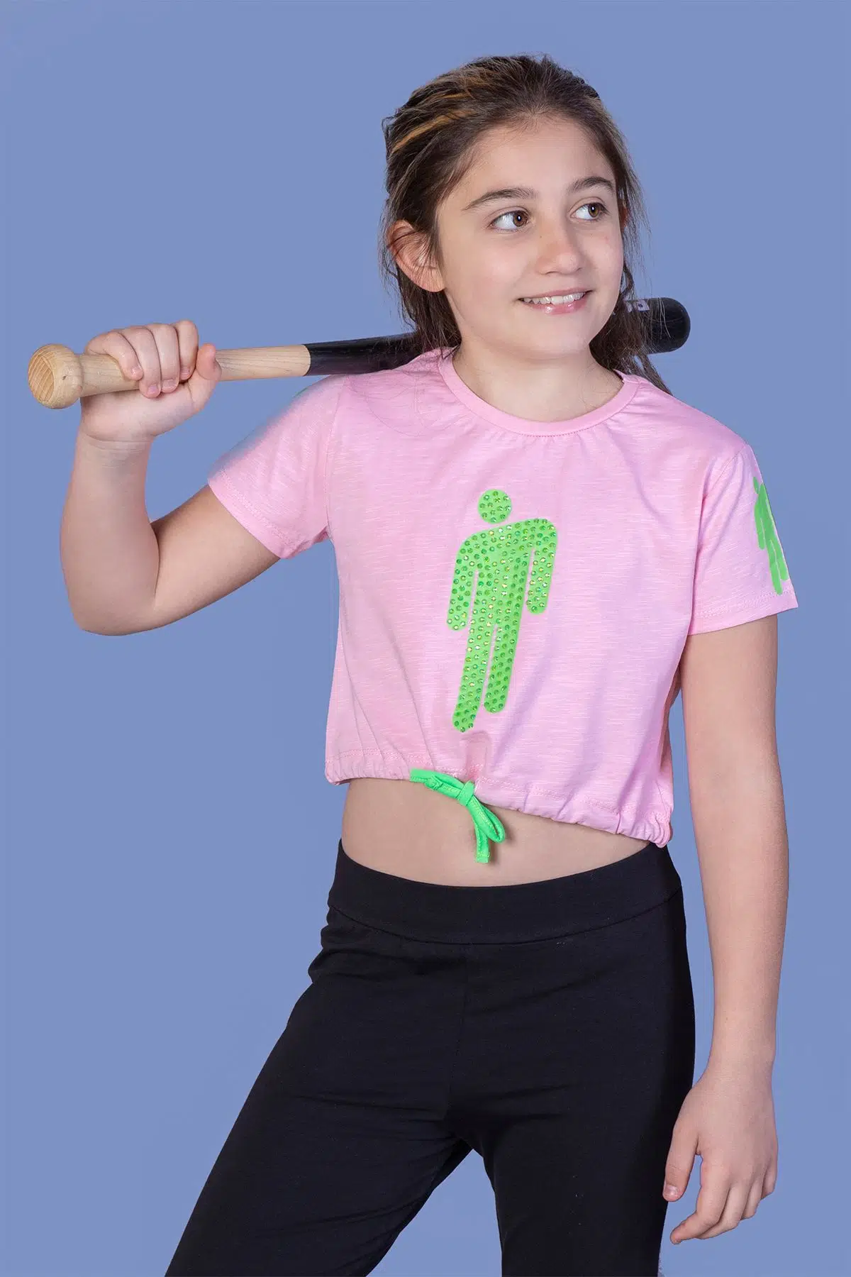 Toontoy Kız Çocuk Crop Model Baskılı Taş İşlemeli Tişört - Pembe