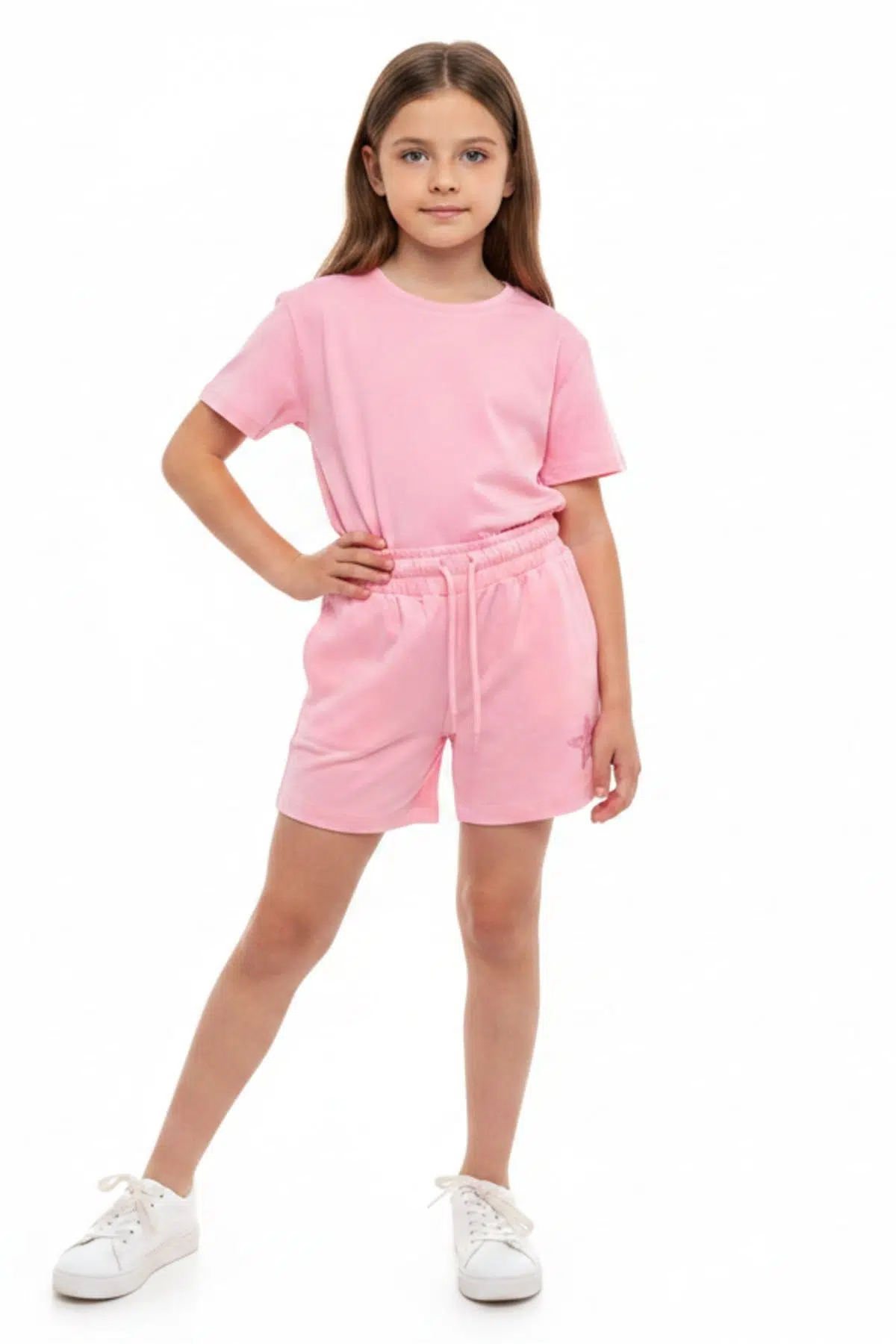 Toontoy Kız Çocuk Beli Lastikli Bağlamalı Nakışlı Şort 25051 - Pembe