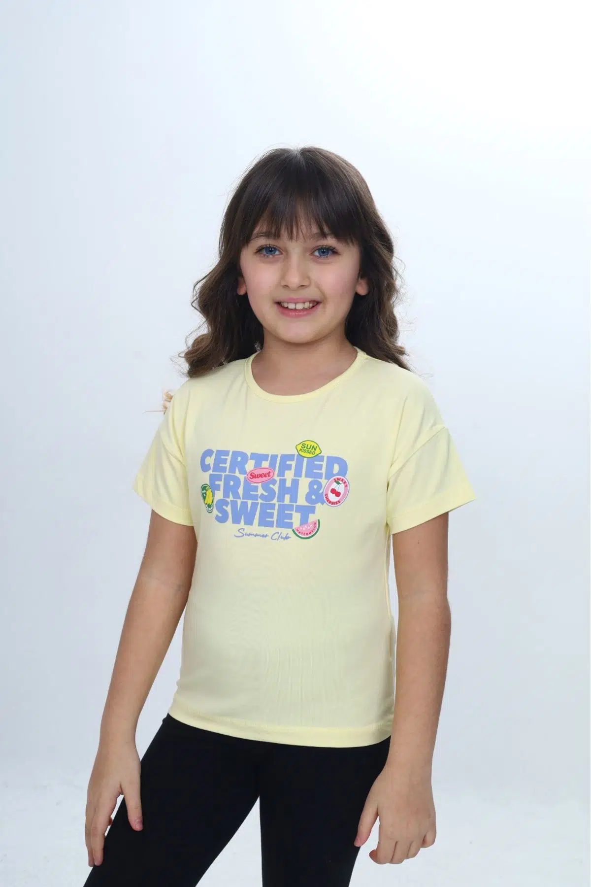 Toontoy Kız Çocuk Bisiklet Yaka Düşük Omuz Kısa Kollu Baskılı Tişört 24976 - Açık Sarı