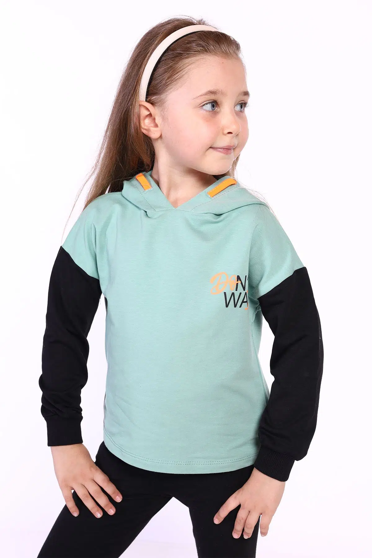 Toontoy Kız Çocuk Kapüşonlu Blok Renkli Sweatshirt - Yeşil