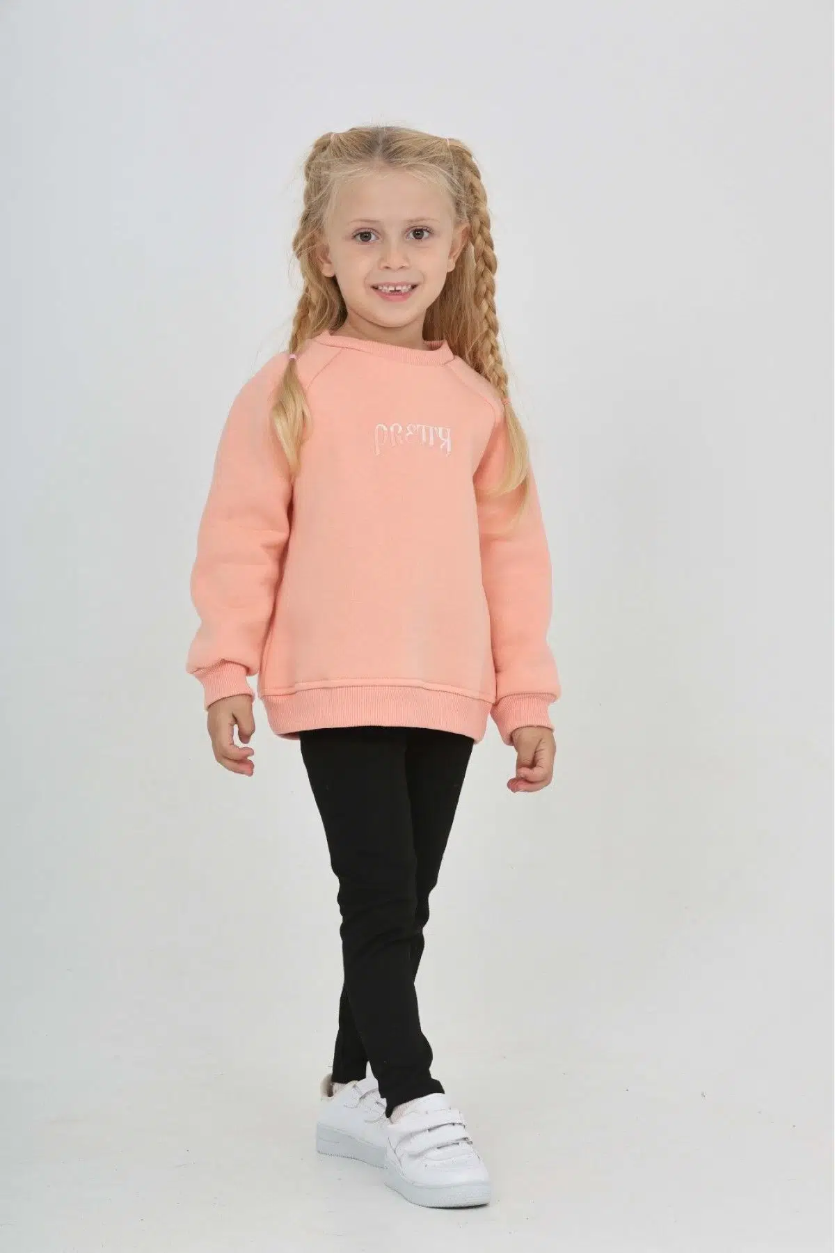 Toontoy Kız Çocuk Nakışlı Bisiklet Yaka Reglan Kol Sweatshırt 24909 - Somon