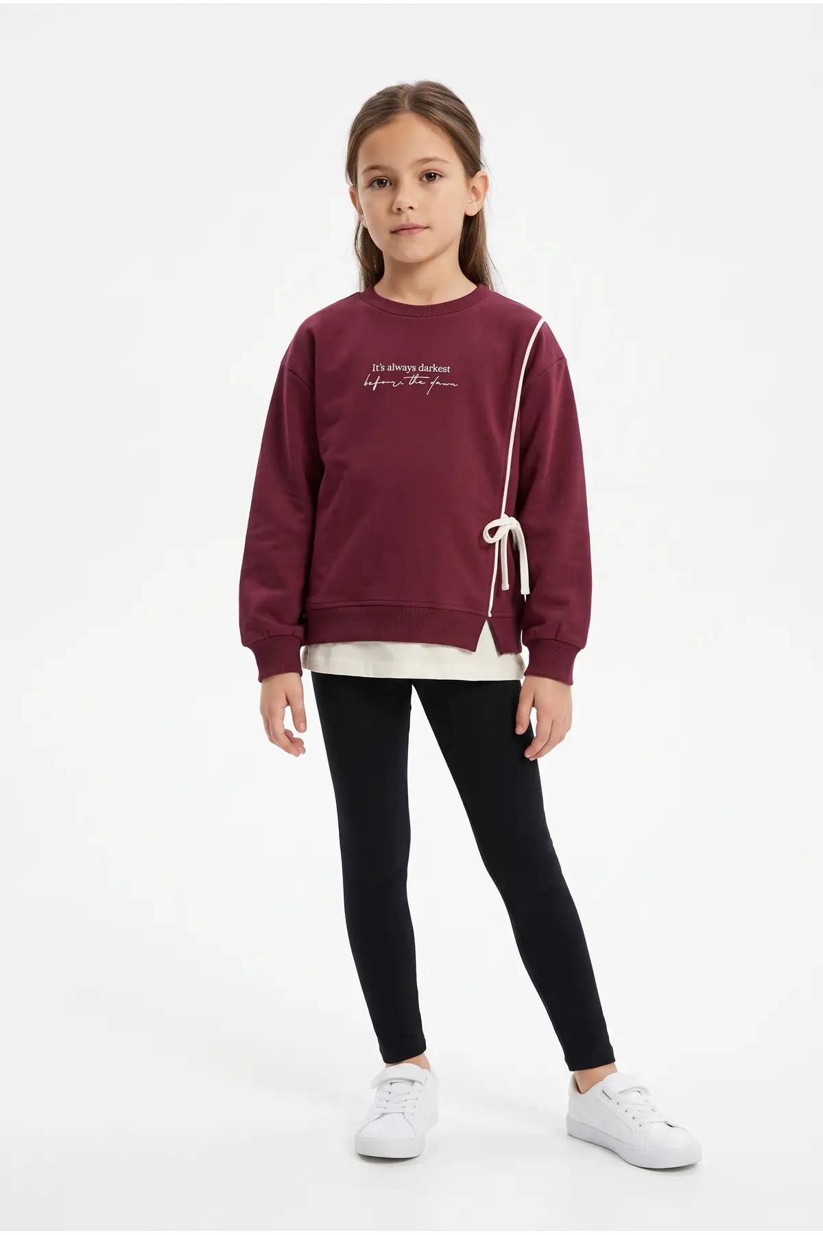 Toontoy Kız Çocuk Önü Baskılı Garni Detaylı Sweatshirt - Vişne