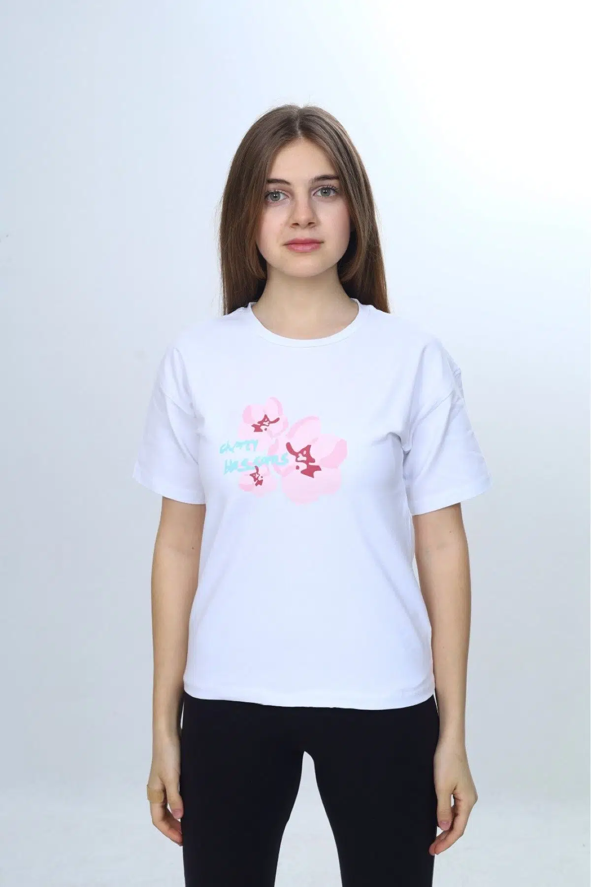 Toontoy Kız Çocuk Bisiklet Yaka Düşük Omuz Kısa Kollu Baskılı Tişört 25011 - Beyaz