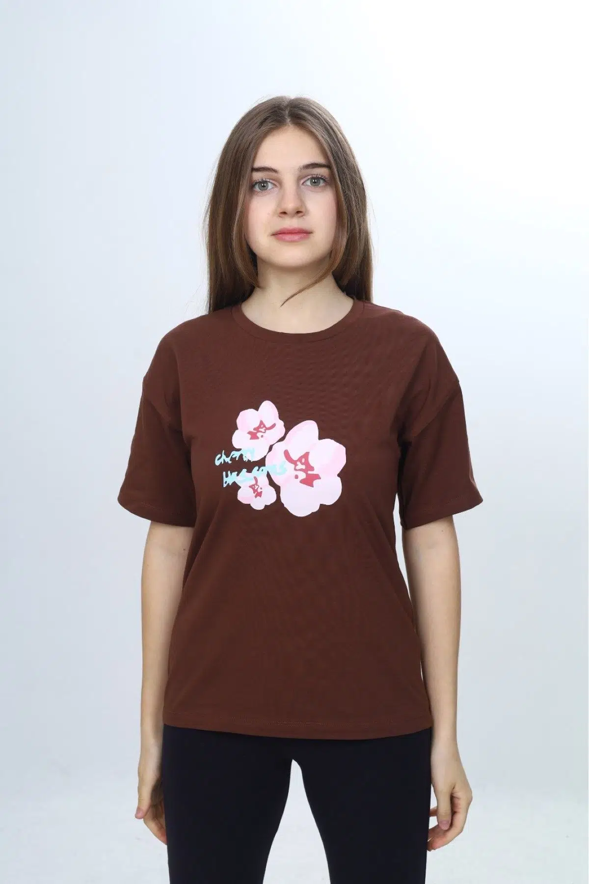 Toontoy Kız Çocuk Bisiklet Yaka Düşük Omuz Kısa Kollu Baskılı Tişört 25011 - Kahve