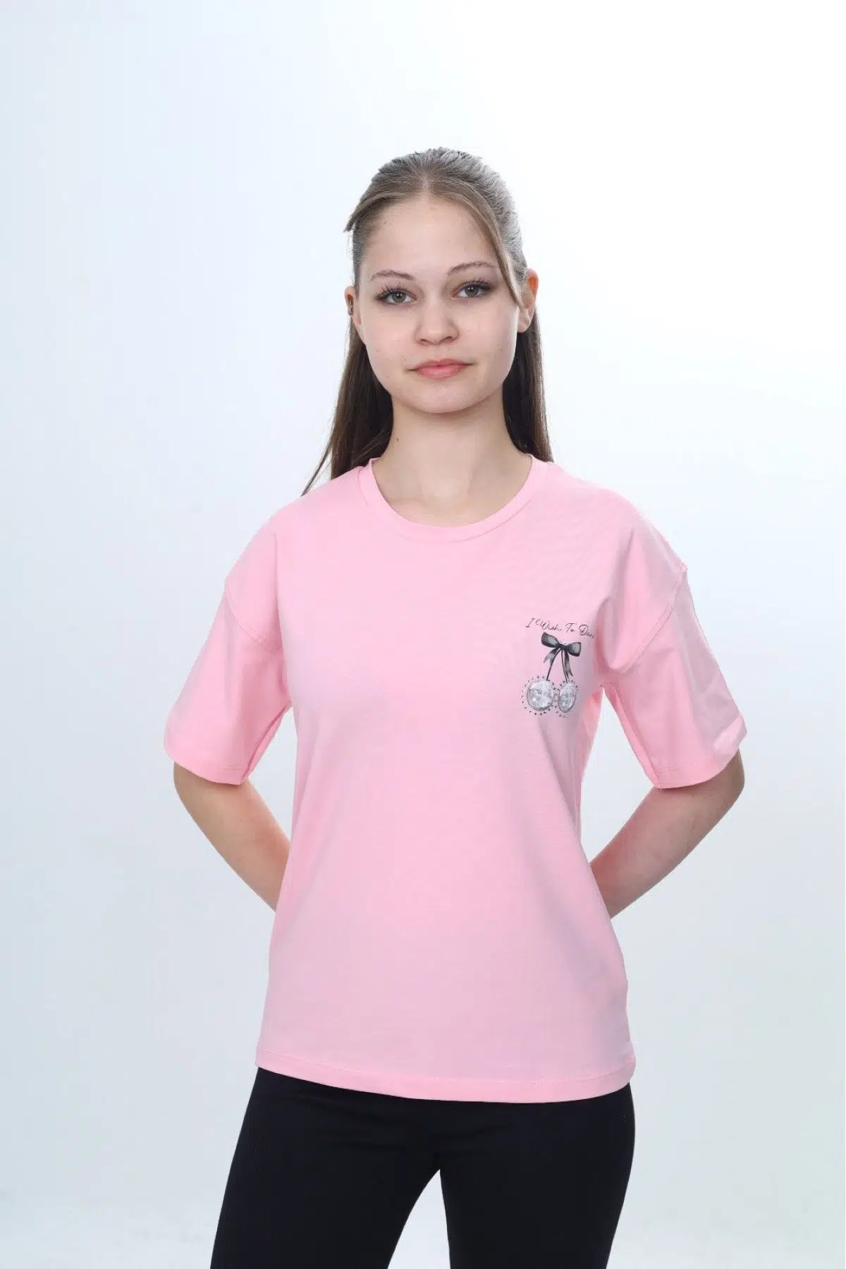 Toontoy Kız Çocuk Bisiklet Yaka Düşük Omuz Kısa Kollu Baskılı Tişört 24973 - Pembe