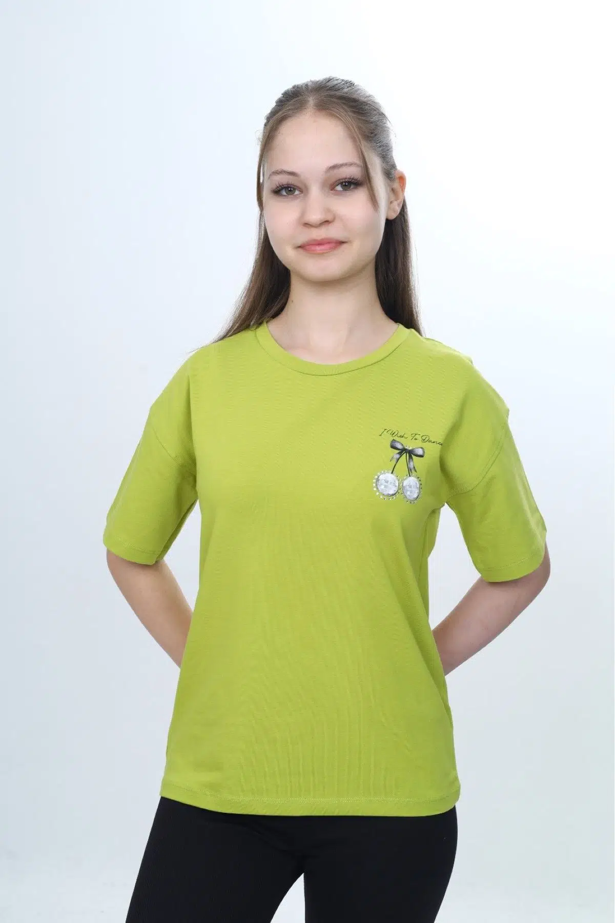 Toontoy Kız Çocuk Bisiklet Yaka Düşük Omuz Kısa Kollu Baskılı Tişört 24973 - Yeşil